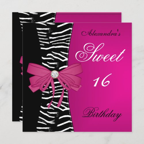 Sweet Sixteen 16 16th Bright Pink Zebra Black Bow Invitation