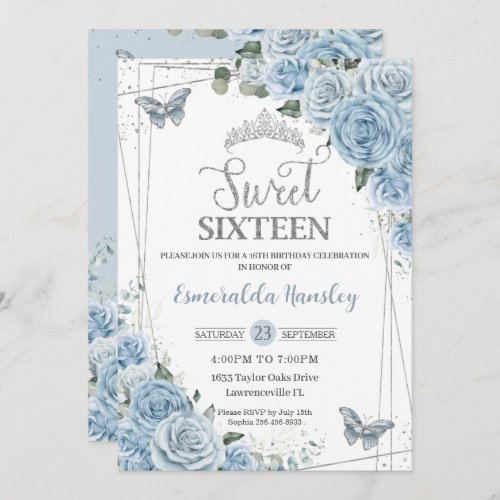 Sweet Sixteen 16 Baby Blue Floral Butterflies 16th Invitation