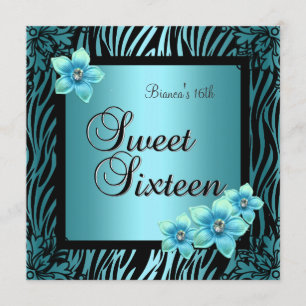 Sweet Sixteen 16 Birthday Blue Flower black Silver Invitation
