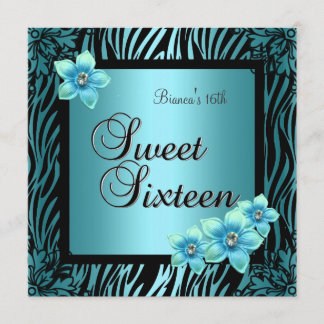 Sweet Sixteen 16 Birthday Blue Flower black Silver Invitation