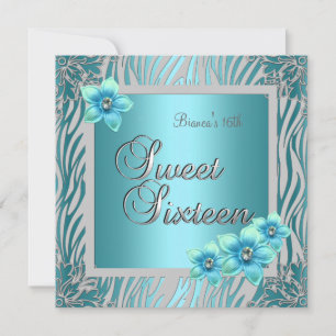 Sweet Sixteen 16 Birthday Blue Flower blue Silver Invitation