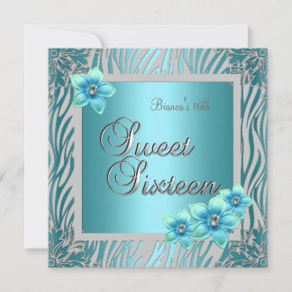 Sweet Sixteen 16 Birthday Blue Flower blue Silver Invitation