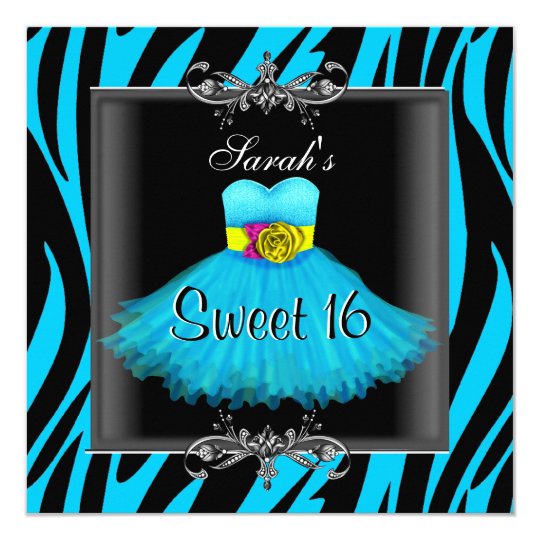 Sweet Sixteen 16 Birthday Blue Zebra Black Dress Invitation
