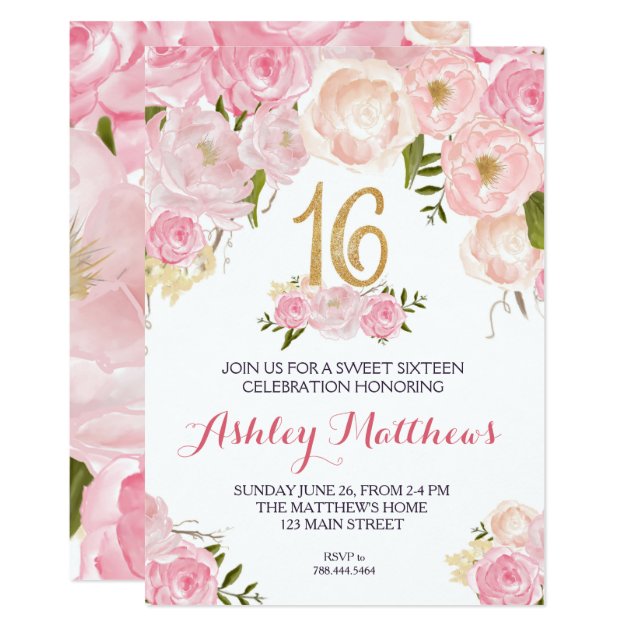Sweet Sixteen 16 Birthday Floral Invitation, Card