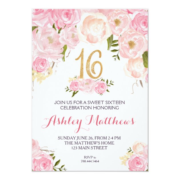 Sweet Sixteen 16 Birthday Floral Invitation, Card