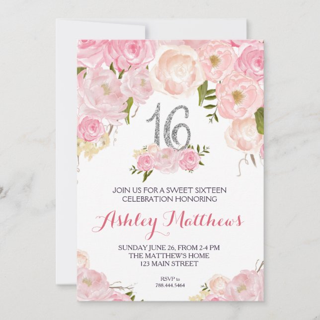sweet sixteen 16 birthday Floral Invitation, Invitation (Front)