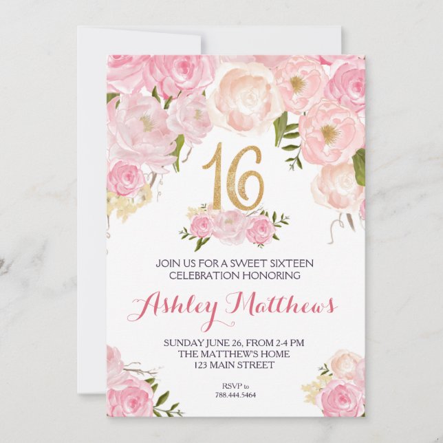 sweet sixteen 16 birthday Floral Invitation, Invitation (Front)