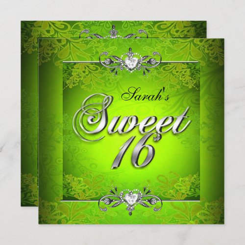 Sweet Sixteen 16 Birthday Lime Green Silver Invitation