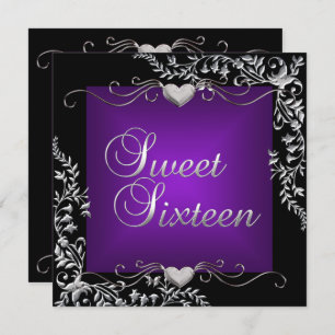 Sweet Sixteen 16 Birthday Party Black Purple Invitation