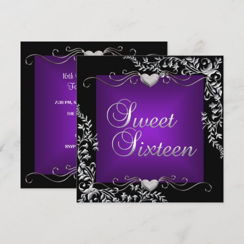 Sweet Sixteen 16 Birthday Party Black Purple Custom Announcements