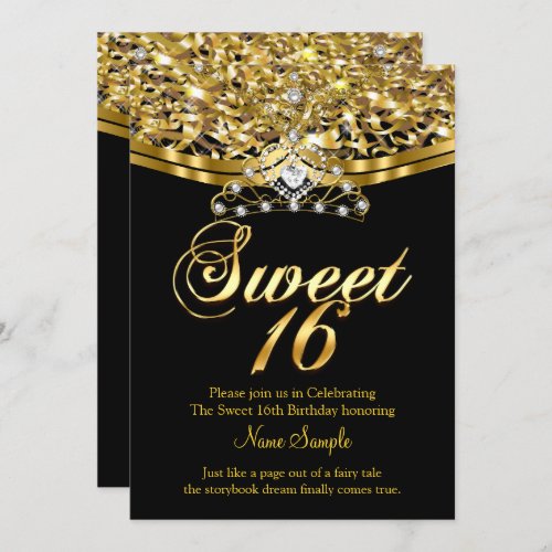 Sweet Sixteen 16 Birthday Party Glitter Gold Black Invitation