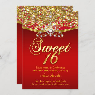 Sweet Sixteen 16 Birthday Party Glitter Red Gold Invitation