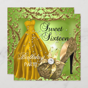 Sweet Sixteen 16 Birthday Party Lime Gold Dress Invitation