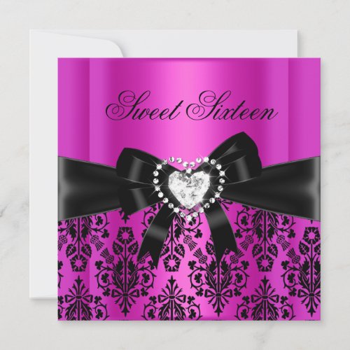 Sweet Sixteen 16 Birthday Party Pink Black Damask Invitation