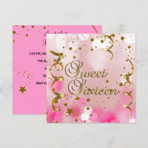 Sweet Sixteen 16 Birthday Party Pink Gold Stars Personalized Invites