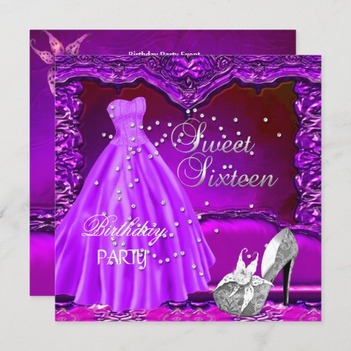 Sweet Sixteen 16  Birthday Party Purple Dress Gown Invitation