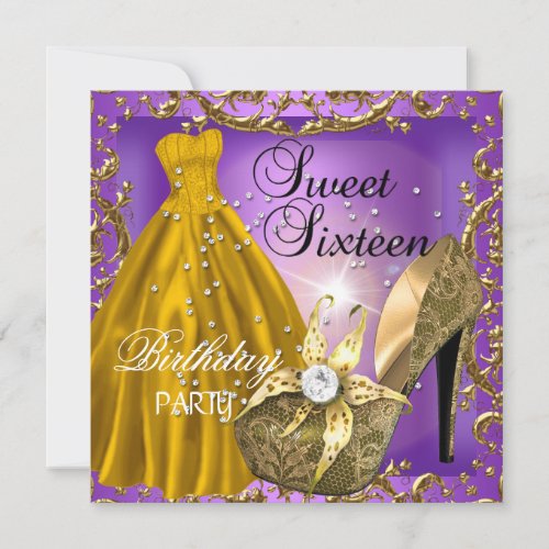 Sweet Sixteen 16  Birthday Party Purple Gold Dress Personalized Invitation
