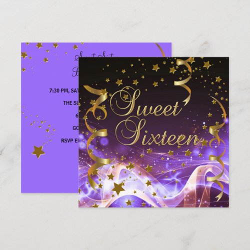 Sweet Sixteen 16 Birthday Party Purple Gold Stars Personalized Invite