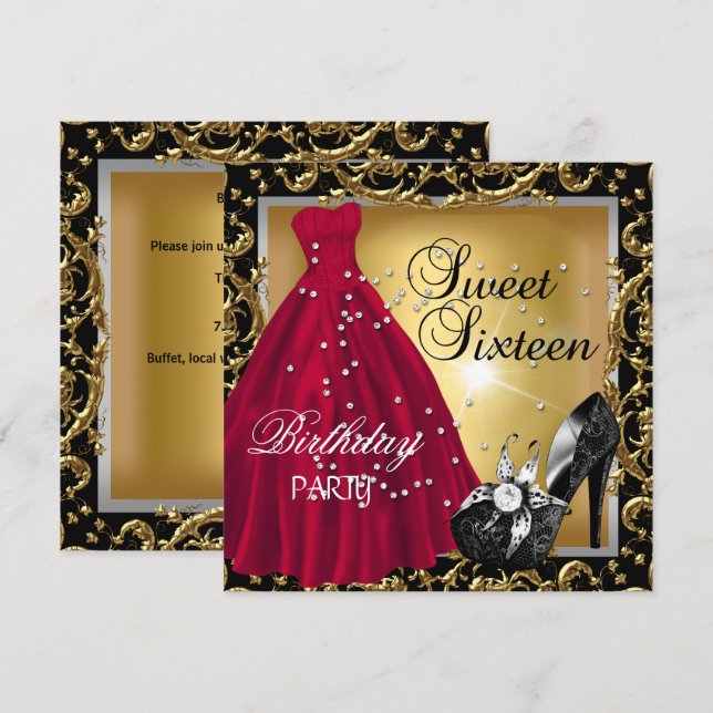 Sweet Sixteen 16  Birthday Party Red Gold Dress Invitation (Front/Back)