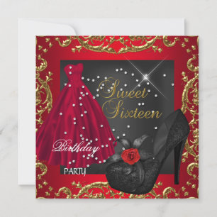 Sweet Sixteen 16 Birthday Party Red Gold Dress Invitation