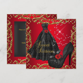 Sweet Sixteen 16 Birthday Party Red Gold Dress Invitation