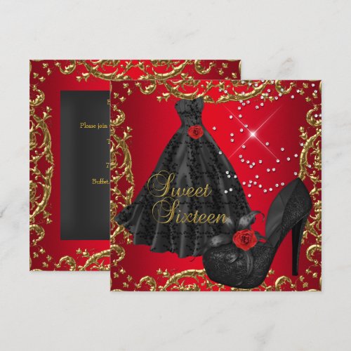 Sweet Sixteen 16  Birthday Party Red Gold Dress Custom Invitation