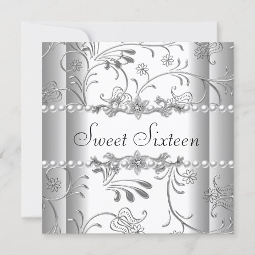 Sweet Sixteen 16 Birthday Party Silver White Pearl Invitations