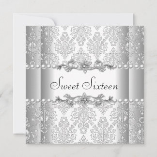 Sweet Sixteen 16 Birthday Party Silver White Pearl Invitation
