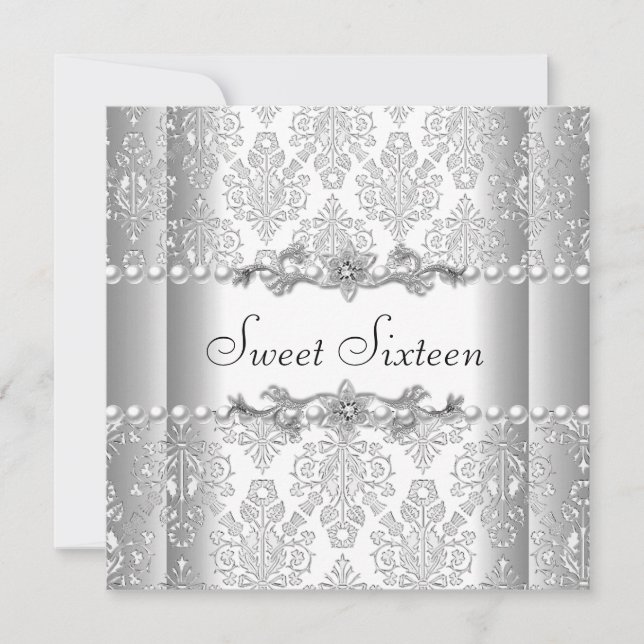 Sweet Sixteen 16 Birthday Party Silver White Pearl Invitation (Front)