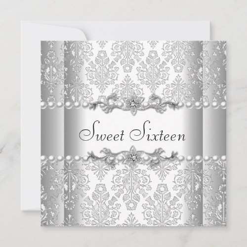 Sweet Sixteen 16 Birthday Party Silver White Pearl Personalized Invitations