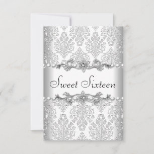 Sweet Sixteen 16 Birthday Party Silver White Pearl Invitation