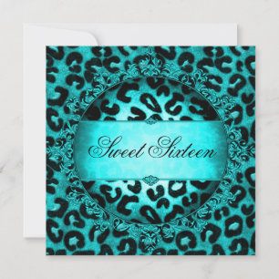 Sweet Sixteen 16 Birthday Party Teal Blue Leopard Invitation