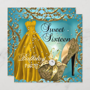 Sweet Sixteen 16 Birthday Party Teal Gold Dress Invitation