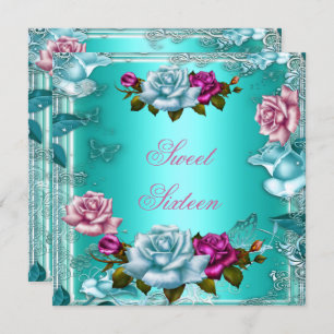 Sweet Sixteen 16 Birthday Party Teal Pink Roses 3 Invitation