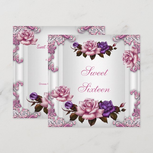 Sweet Sixteen 16 Birthday Party White Pink Roses Invitation (Front/Back)