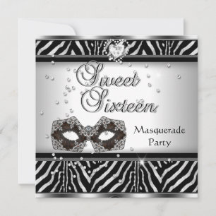 Sweet Sixteen 16 Birthday Party Zebra Masquerade Invitation