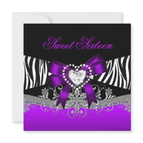 Sweet Sixteen 16 Birthday Party Zebra Purple Black Invitation
