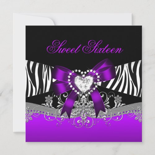 Sweet Sixteen 16 Birthday Party Zebra Purple Black Invitation
