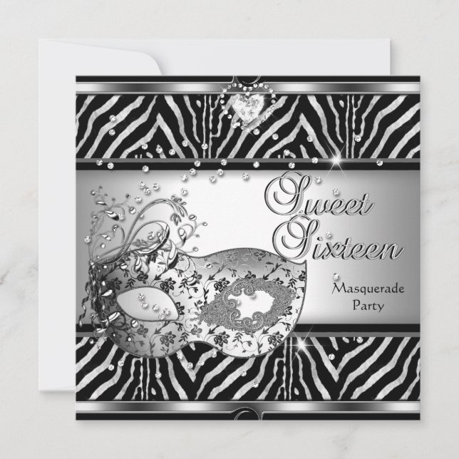 Sweet Sixteen 16 Birthday Party Zebra Silver Mask Invitation (Front)