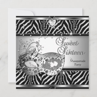 Sweet Sixteen 16 Birthday Party Zebra Silver Mask Invitation