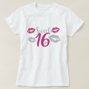 Sweet Sixteen 16 Birthday Pink Faux Glitter Print T-Shirt