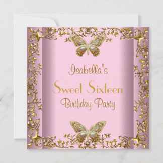 Sweet Sixteen 16 Birthday Pink Gold Butterfly Invitation