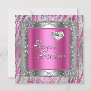 Sweet Sixteen 16 Birthday Pink Silver Hearts Invitation