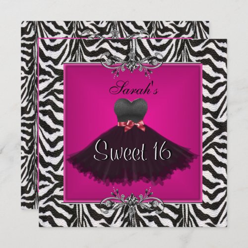 Sweet Sixteen 16 Birthday Pink Zebra Black Dress Invitation