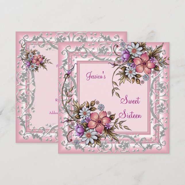 Sweet Sixteen 16 Birthday Pretty Pink Floral 2 Invitation (Front/Back)