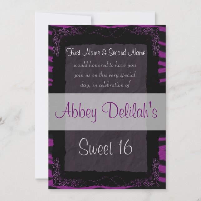 Sweet Sixteen 16  Birthday Puple Zebra Print Invitation (Front)