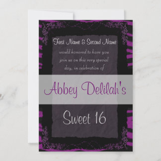 Sweet Sixteen 16  Birthday Puple Zebra Print Invitation