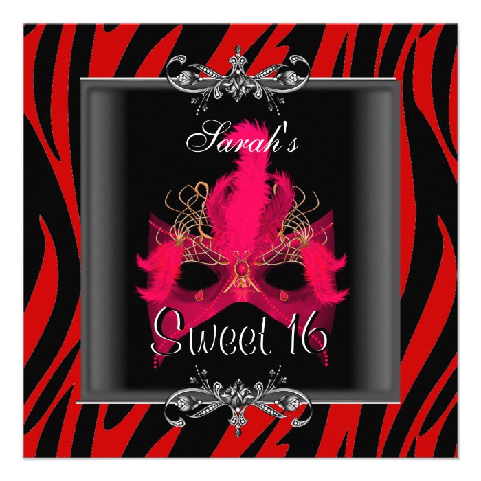 Sweet Sixteen 16 Birthday Red  Zebra Black Mask Personalized Invitations