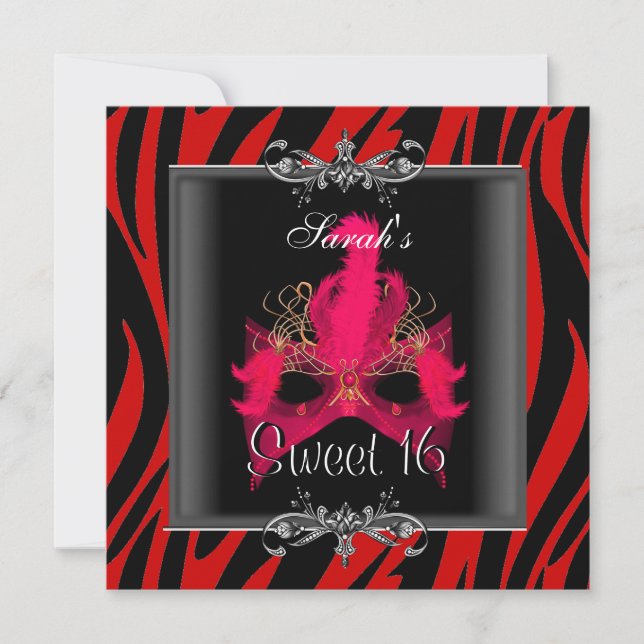 Sweet Sixteen 16 Birthday Red  Zebra Black Mask Invitation (Front)