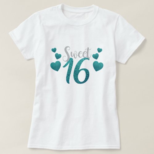 Sweet Sixteen 16 Birthday Teal Blue Faux Glitter T_Shirt